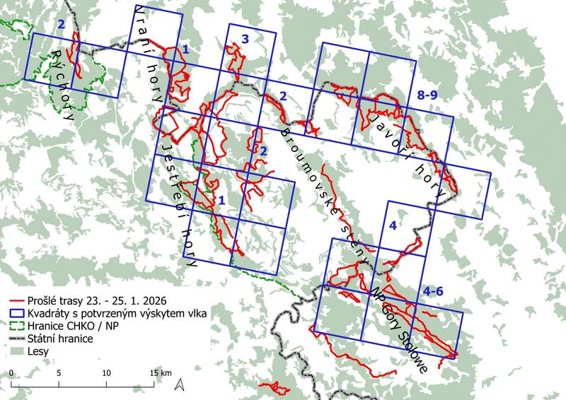 Prošlé trasy a nálezy vlka během mapování v Broumovské vrchovině a okolí ve dnech 23 - 25. 1. 2026 